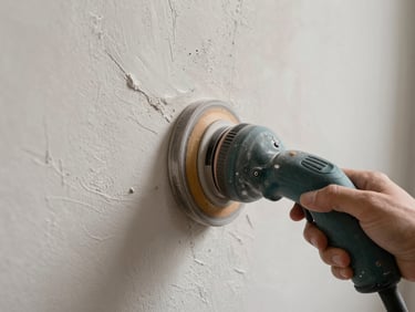 Close-up of a plaster wall being sanded with a dust-free sander, fine dust captured instantly, clean and tidy workspace.