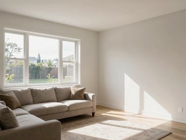 A modern residential living room with freshly painted neutral walls, bright natural light streaming through a large window.