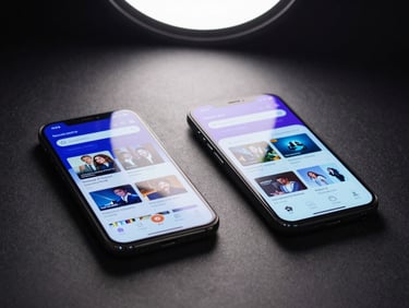Side-by-side of an Android smartphone and an iPhone on a dark table, both screens showing a streaming app interface glowing with electric blue and purple tones, studio lighting from above