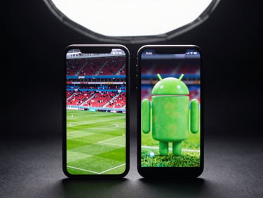 An iPhone and an Android phone side by side on a dark surface, both screens showing a live football broadcast with vibrant stadium colors, cool studio lighting from above, minimal background
