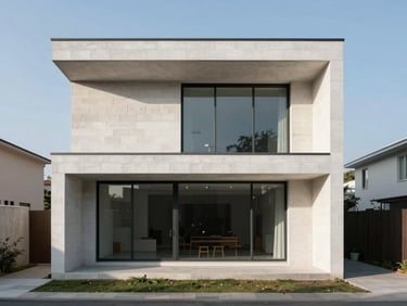 Straight-on orthogonal elevation of a minimalist two-story single-family house built with white concrete blocks, flat roof, large glass panels, crisp morning light casting soft shadows, architectural photography.