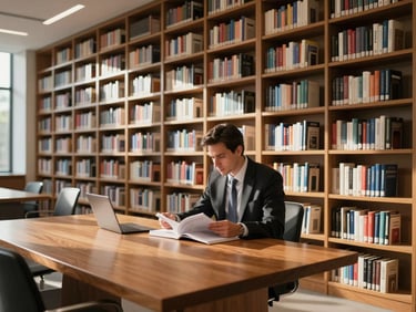 A quiet, modern corporate library with floor-to-ceiling bookshelves, natural side-lighting casting soft shadows, a single executive sitting at a wooden table deeply focused on reading a journal.