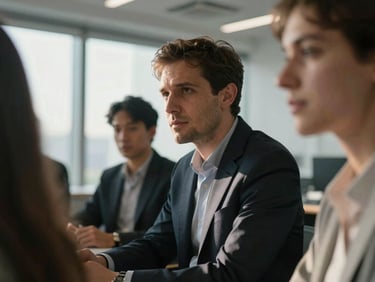 A close-up shot of an executive in deep focus during a collaborative workshop, natural side-lighting creating a dramatic chiaroscuro effect, modern architectural office setting.