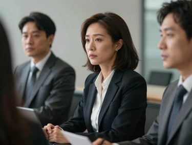 A professional woman in her 40s listening intently during a high-stakes meeting, cinematic side-lighting, shallow depth of field.