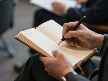 Close-up of hands taking structured notes in a leather notebook during an executive seminar, soft side-lighting, premium corporate setting.