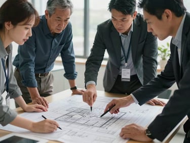 A group of executives analyzing a architectural blueprint or structured model on a table, focused expressions, natural lighting.