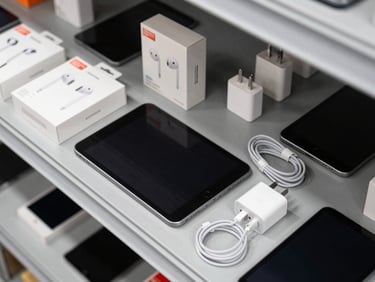 Close-up overhead shot of a sorted lot of consumer electronics on a grey warehouse shelf — tablets, earbuds in open retail packaging, chargers and cables bundled by type, condition labels visible on several units, bright even studio lighting