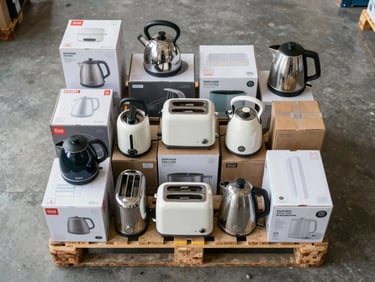 Overhead flat-lay of a pallet of returned household appliances on a warehouse floor — kettles, toasters, and small kitchen devices still in retail boxes, some opened for condition inspection, bright fluorescent lighting, neutral concrete floor