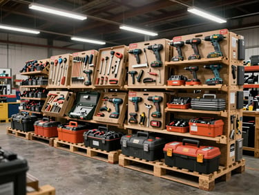 Wide shot of a neatly arranged pallet of hand tools and power tools in original packaging on a warehouse floor — drills, saw sets, and toolboxes stacked in rows, fluorescent overhead lighting, concrete floor, no people