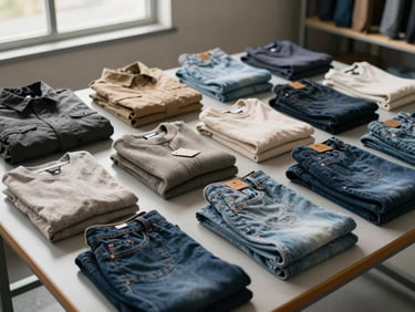 Overhead flat-lay of folded clothing items arranged by type on a warehouse sorting table — jackets, knitwear, and jeans in neutral tones, some with original retailer tags still attached, bright north-facing daylight from warehouse windows, no styling