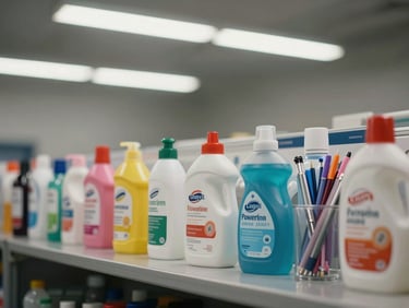 Close-up of a mixed consumer goods lot on a warehouse sorting table — personal care products, cleaning supplies, and stationery arranged in rows, original retail packaging intact, fluorescent overhead light, plain grey background