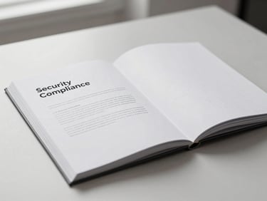 Elegant mockup of a security compliance document, open on a clean desk, soft diffused natural daylight, monochrome palette, 50mm lens, focus on paper texture and crisp typography