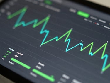 Straight-on UI crop of an analytics dashboard with bright green and cyan data lines, sharp tech photography.