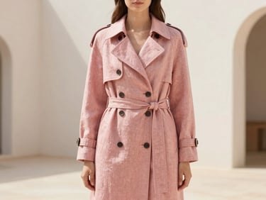 A woman wearing a tailored linen trench coat in a bright, airy minimalist courtyard, soft natural daylight, 85mm editorial photography