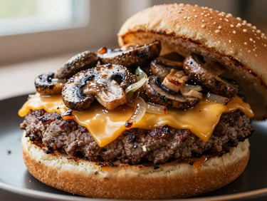 Tight shot of a double-patty burger with a generous topping of sautéed mushrooms and melted Swiss cheese, caramelized onions visible, on a dark plate, warm editorial food photography, natural window light, rich saturated colors, shallow depth of field, 35mm