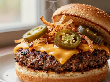 Macro shot of a spicy double-patty burger with melted pepper jack cheese, sliced jalapeños, and crispy onion straws, with a hint of chipotle aioli, steam rising, warm editorial food photography, natural window light, rich saturated colors, shallow depth of field, 35mm