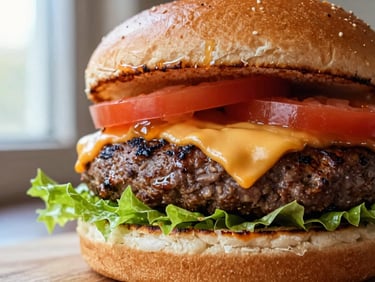 Close-up of a perfectly grilled double-patty cheeseburger with melted cheddar, fresh lettuce, and tomato, glistening with sauce, on a toasted brioche bun, natural window light, rich saturated colors, shallow depth of field, 35mm
