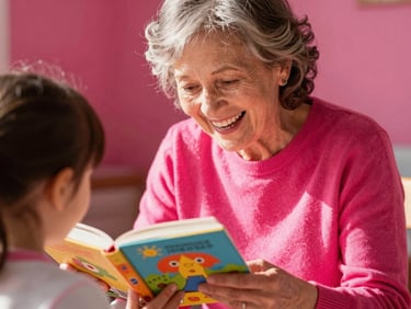 An older woman in a bright pink sweater laughing while reading a colorful storybook to a child, vibrant natural light, high contrast.