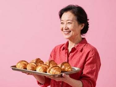 A proud, smiling East Asian woman in her late fifties dressed in a bright red linen shirt, holding a tray of golden, freshly baked croissants, bright morning light, high contrast, vivid pink background.