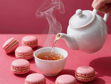 A beautiful white porcelain teapot pouring steaming tea into a cup, surrounded by pink macarons on a bright red tablecloth, saturated daylight.