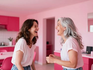 Two women over fifty-five, one with dark hair and one with silver hair, sharing a joyful laugh in a brightly lit, modern shared apartment, saturated pink and red decor.