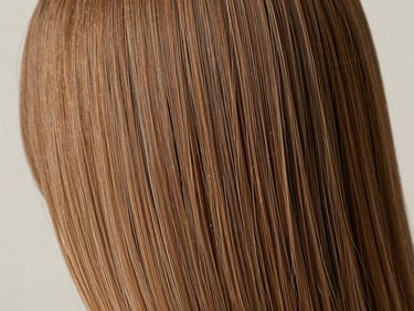 Close-up of perfectly defined smooth straight hair after a keratin treatment, strands aligned and shining under soft diffused studio light