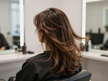 Medium shot of a finished hair styling session in a clean salon interior, natural light from a window illuminating the hair movement and shine