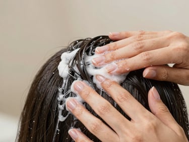 Close-up of hands applying a deep conditioning hair mask treatment to dark hair, soft diffused light, texture of product visible on the strands