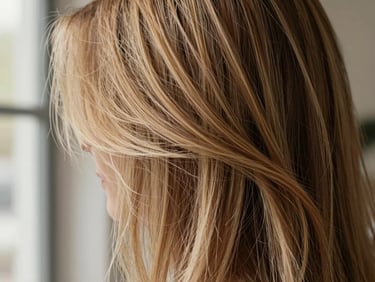 Extreme close-up of a section of freshly colored hair showing warm blonde balayage depth and shine, natural window light raking across the strands, soft focus background, no face, editorial hair texture photography