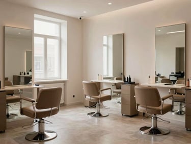 Wide interior of an elegant minimal hair salon, empty chairs and mirrors reflecting soft natural window light from the left, warm nude and white tones, shallow depth of field, no people, quiet editorial mood