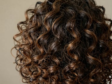Extreme close-up of defined natural curls with moisture and bounce visible, shot in warm natural light against a neutral background