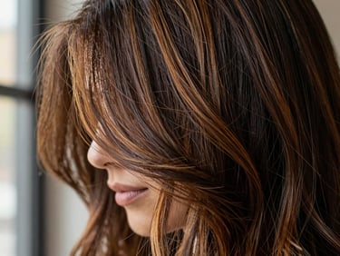 Close-up of rich brunette hair with warm caramel highlights, strands catching natural window light showing luminosity and color dimension