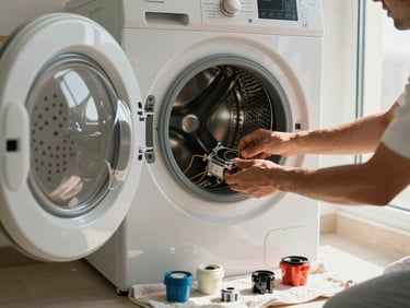 Wide shot of a technician's hands replacing a component inside an open washing machine drum in a bright Dubai laundry room, warm natural daylight from a side window, spare parts arranged on a towel on the floor beside the appliance