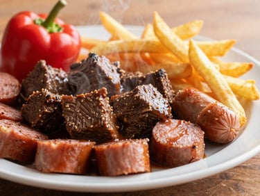 Macro shot of a steaming plate of Pique Macho, tender beef chunks, sliced sausages, golden fries, fresh peppers, rich warm lighting