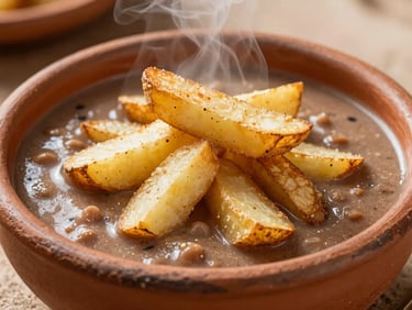 Close-up of a rich Bolivian sopa de maní in a rustic clay bowl, crispy potato sticks on top, warm steam rising, soft lighting