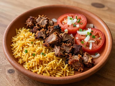 Tight overhead shot of a traditional Bolivian silpancho, golden rice, crispy meat, fresh tomato and onion sarsa, warm afternoon light