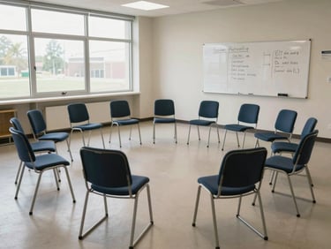 Wide environmental shot of a group therapy room, several chairs arranged in a circle on a neutral floor, a whiteboard with session structure written in marker visible on the far wall, institutional daylight from large windows, no people staged for camera, the room itself communicates active clinical use