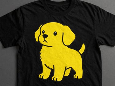 Vibrant pop-art product photography of a black t-shirt with a bright yellow cartoon dog graphic, flat lay on charcoal background, square aspect