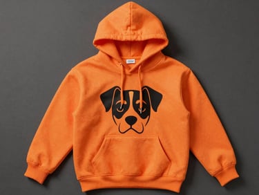 Vibrant pop-art product photography of a bright orange dog hoodie with a bold black graphic, flat lay on charcoal background, square aspect