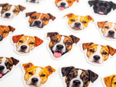 Vibrant pop-art product photography of a collection of die-cut vinyl stickers featuring funny dog faces, high-key lighting, square aspect