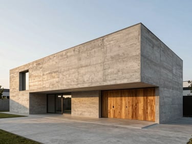 Wide-angle architectural elevation of a minimalist concrete residence, golden-hour grazing light highlighting the raw concrete texture, strict one-point perspective.