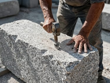 Wide-angle, high-contrast shot of a master mason's weathered hands using a steel hammer and chisel to split a massive gray granite block in an outdoor quarry, dramatic side lighting casting deep shadows across the stone's raw texture, stone dust floating in the air.