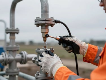 Industrial field photography, overcast daylight, desaturated cool tones with safety orange accents, crisp details, 35mm lens. Close-up of a field engineer's hands in gloves operating water sampling equipment at a municipal facility, focused on technical tools.
