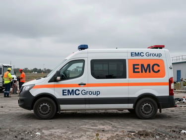 Industrial field photography, overcast daylight, desaturated cool tones with safety orange accents, crisp details, 35mm lens. A specialized compliance vehicle with EMC Group branding parked at a remediation site, field engineers in high-visibility gear working in the background.