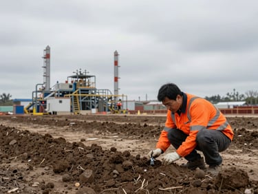 Industrial field photography, overcast daylight, desaturated cool tones with safety orange accents, crisp details, 35mm lens. An environmental engineer in high-visibility gear taking soil samples at a commercial development site, specialized equipment visible, low horizon.