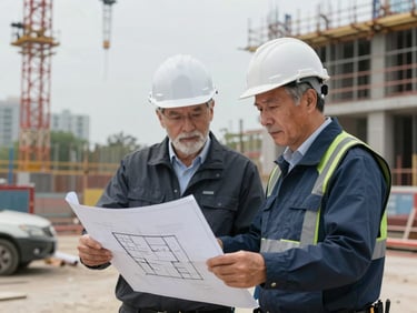 Professional unposed portrait of two senior engineers in hard hats reviewing architectural blueprints on an active, highly organized construction site, soft overcast daylight.