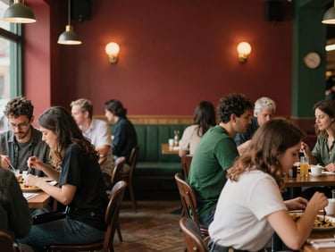 Cozy restaurant interior with diverse patrons enjoying meals, warm ambient light, a sense of lively community.