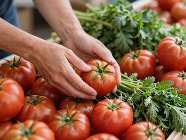 Close-up of a farmer's market stall, hands arranging vibrant heirloom tomatoes and fresh herbs, soft natural light, shallow depth of field, warm editorial photography