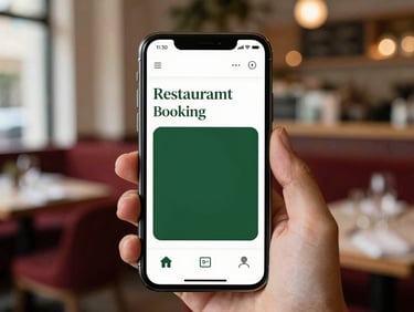 Elegant smartphone screen displaying a restaurant booking app, blurred cozy restaurant background, soft glow.