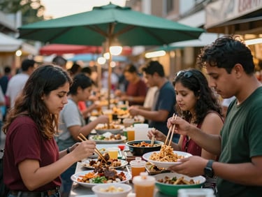 A bustling food market scene, people enjoying street food, warm evening glow, soft focus on background, vibrant and active, warm editorial photography